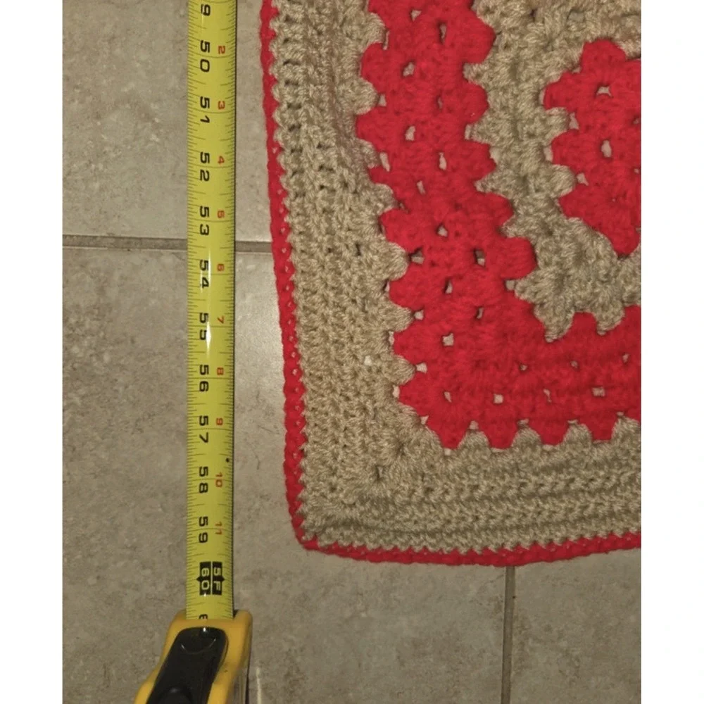 Handmade Crochet Granny Square Afghan Blanket Red Tan Throw 60